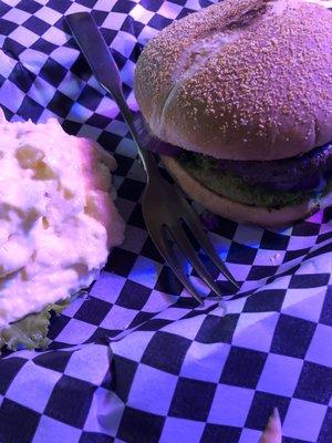 Elk Burger with Potato Salad.