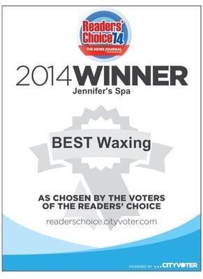 Jennifer's Spa won 2014 Readers' Choice Delaware for BEST Waxing. www.JensSpa.com/awards