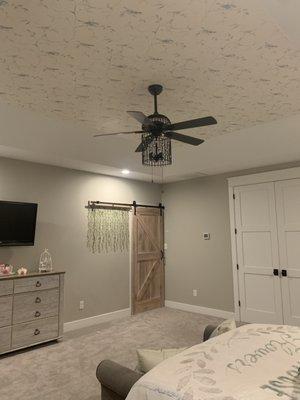 French Country Owner's Bedroom with wallpapered tray ceiling in Thornton, PA