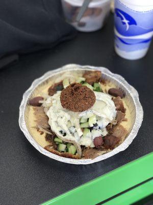 Decided on the beef and lamb hummus bowl. Included three toppings.