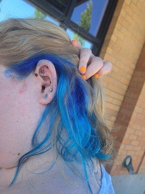 Blue hair coloring side view