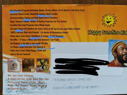 Happy Sunshine Kids direct mail advertisement