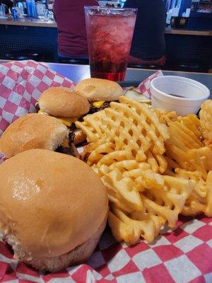 Sliders and waffle fries.