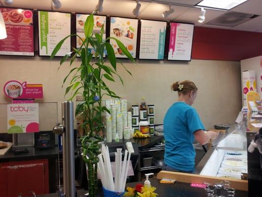 TCBY counter offering full service soft serve & hand dipped frozen yogurt treats & smoothies with optional toppings.