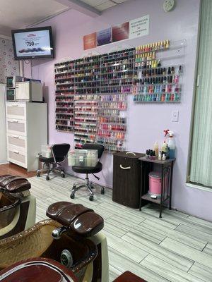 Indoor area with nail polish rack