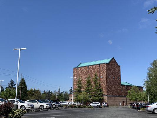 One of the parking lots, campus buildings in the distance.