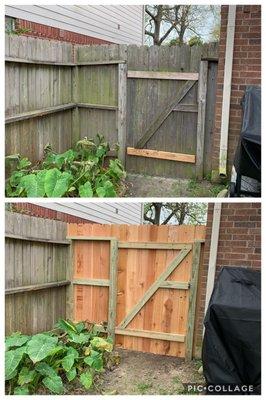 Before and after comparison of the gate and side panel picket area