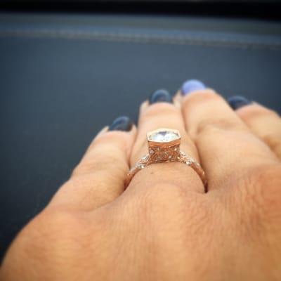 Another view of my gorgeous custom designed vintage rose gold engagement ring, hand crafted by the amazing people at Chancellor!