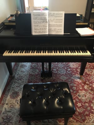 Baldwin baby grand piano with artist bench in the studio