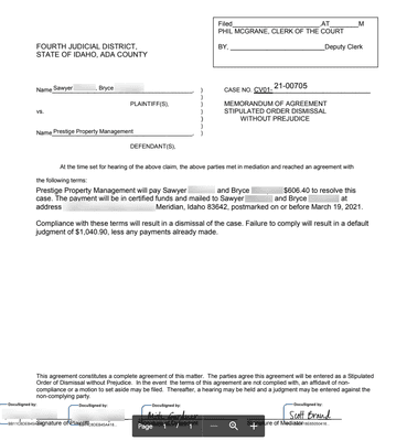 Mediation order for Prestige to pay us the money they owe.