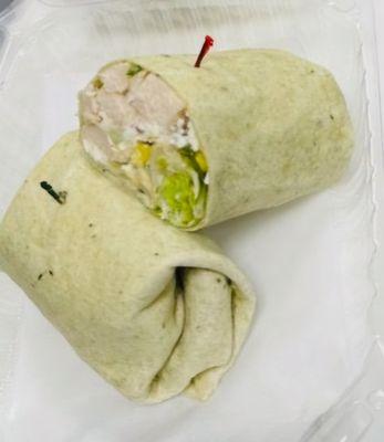 Athens Wrap - Grilled chicken, feta cheese, hummus, cucumber, lettuce, pepperoncini, red onion & Caesar on a spinach tortilla