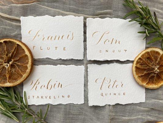 Place cards completed on archival watercolor paper with deckled edge and metallic watercolor