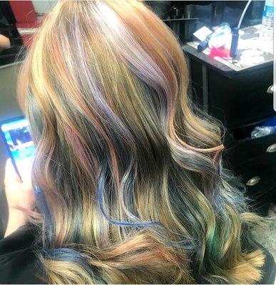 I'm blonde with highlights. Today I added rose gold, violet, navy, and teal to my hair for extra summer fun. Thanks jamie I love it.