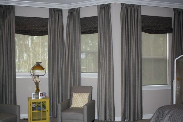 Custom drapery, solar shades and valance