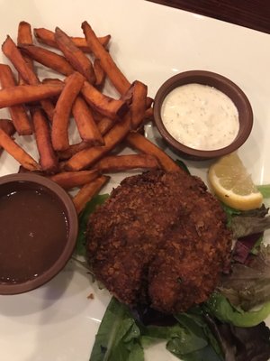 Sweet potato fries and salmon cake