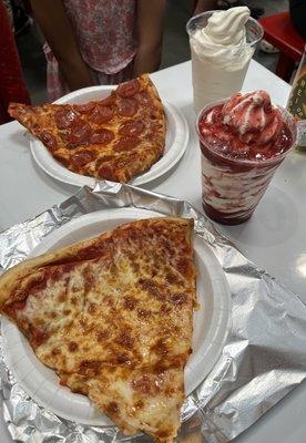 Cheese pizza slice, pepperoni pizza slice, strawberry sundae + ice cream cup