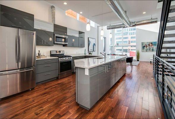 Second Level kitchen and living room of River North Arts District Duplex.