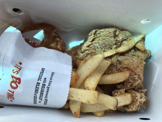 2pc combo: leg & thigh chicken with fries, biscuit and small drink. Delicious!