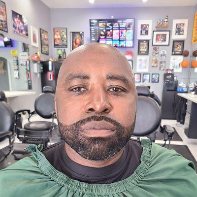 Bald head with beard Line Up And shave. Cut by Bryan