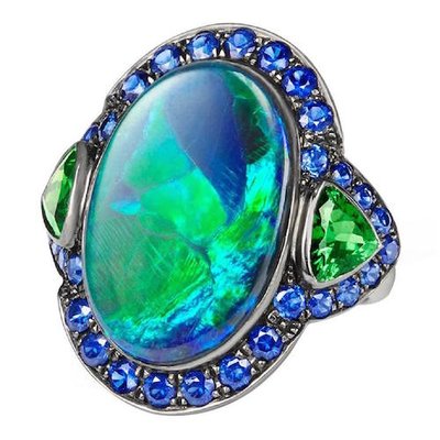 Opal, one of two recognized birthstones for October, comes in several varieties, most with dazzling plays of color.