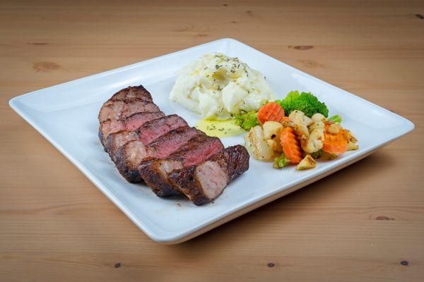 Top Sirloin Cap with mashed potatoes and steamed vegetables