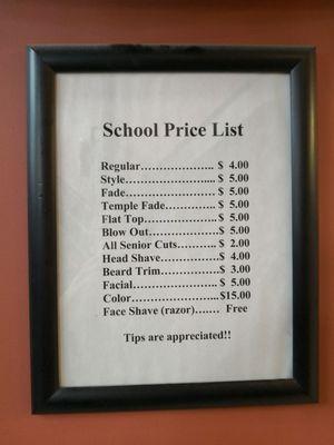 Price list for assortment of cuts