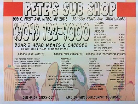 Pete's Sub Shop Menu