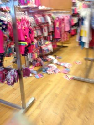 Merchandise on the floor...the store looked like who ever closed the night before just left the store a wreck!