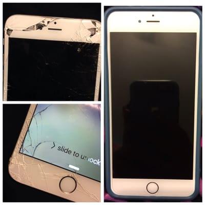 This is the before and after picture of my iPhone. By the time I had it fixed the glass on the top was completely missing.