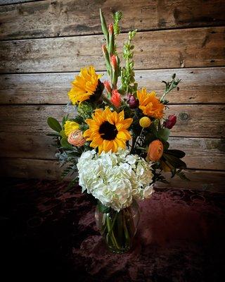 Sunflowers, Ranunculus, Hydrangea Flower Arrangement