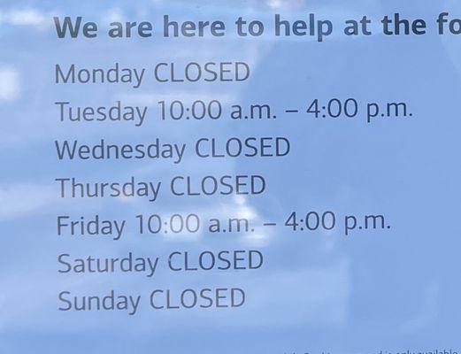 Updated hours of operation.   Only 2 days a week and not even full days when open.