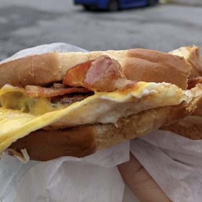 Sausage, bacon, egg & cheese on white toast with a smidge of mayo. Breakfast perfection!