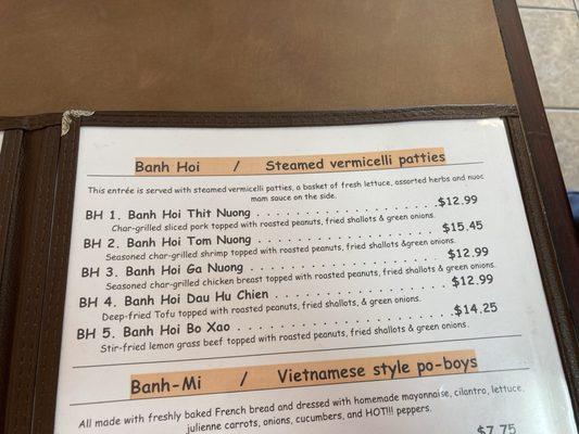 Banh hoi menu