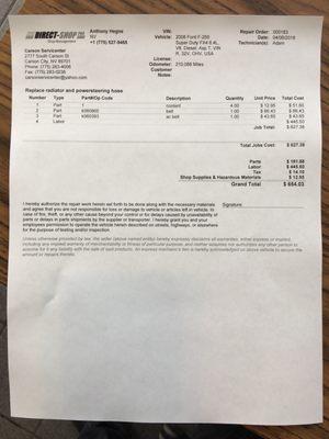 Invoice from Carson servicenter for work they "did"