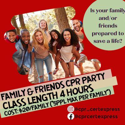 AHA Family & Friends CPR is a class that prepares each student to complete training in a basic CPR course. Certificate of participation.