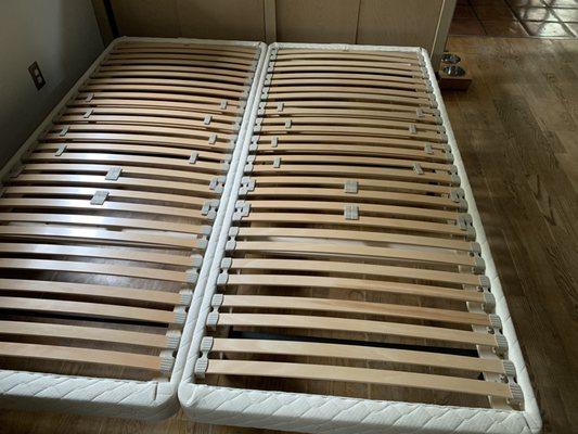 These are the bed slats for a CalKing, adjusted for each sleeper, and then set into a low foundation.