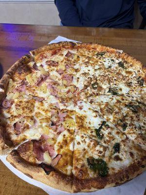 half  Hawaiian / half Pizza Bianco Pizza