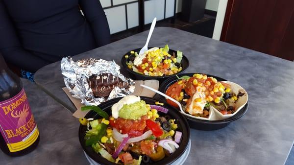 Three bowls (one with a tortilla) and a yummy brownie!