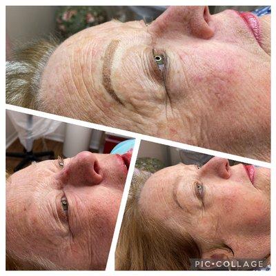 Top pic 7 week touchup, bottom left pic client's original brows, & bottom right pic healed results after 7 weeks right before touchup.