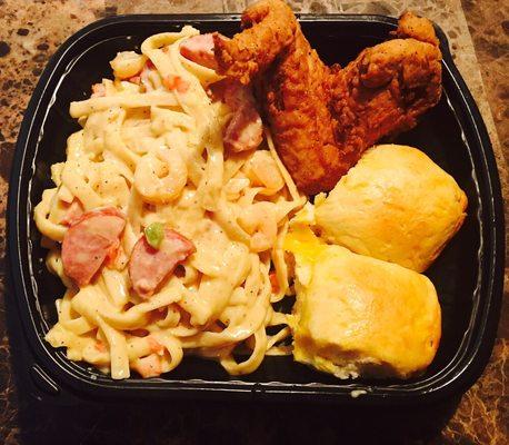 Sausage & Shrimp Fettuccine with cheddar biscuits and wings