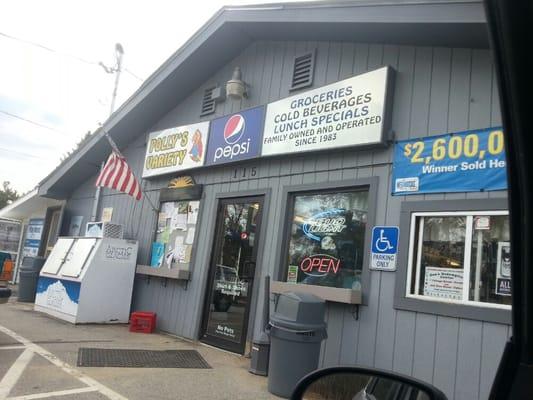 The front of Polly's Variety store in Oxford, Maine.