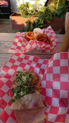 Onion rings (which is a big sharable size!) And the Cajun Shrimp Tacos.