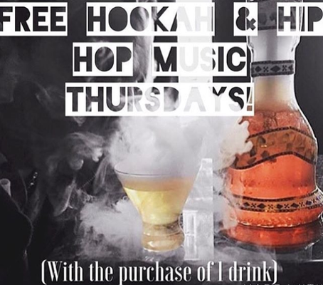 Free Hookah Thursdays with the purchase of one drink.
 http://www.byblosrestaurantandhookahbar.com/thursday-night-hookah-coupon/