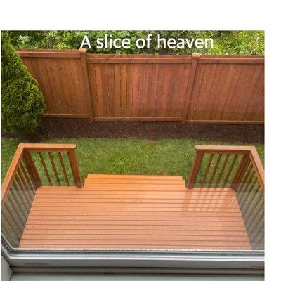 The painting and staining of my deck, rails and fence.