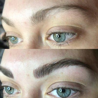 Microblading hair stroke tattoo. Lasts 2-3 years before touch ups needed.