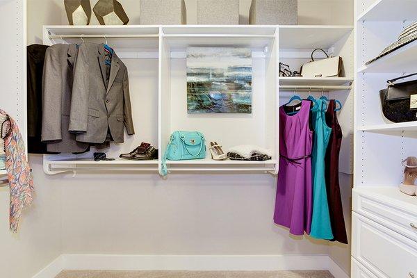 Select homes feature custom shelving in bedroom closets