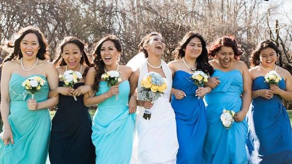 My Bridesmaids' Dresses!!! My wedding dress was from a different store.....And YES I chose different shades of blue!