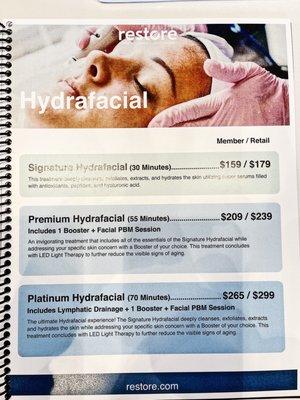 Hydrafacial menu