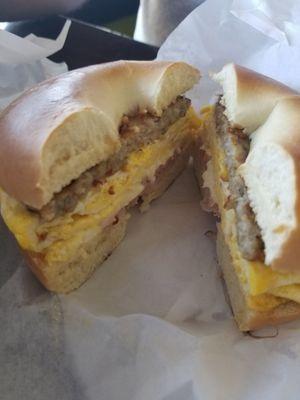 Wendi's: Bacon, Ham, Sausage, Cheese, and Egg Bagel Sandwich