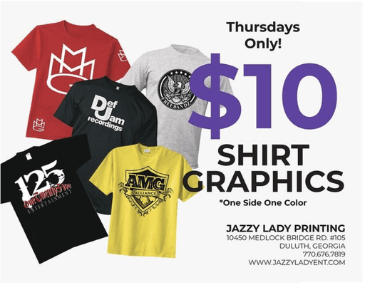 Need a custom shirt but don't want to break the bank? Jazzy Lady Printing has the best deal for you. Call or come visit for more details!